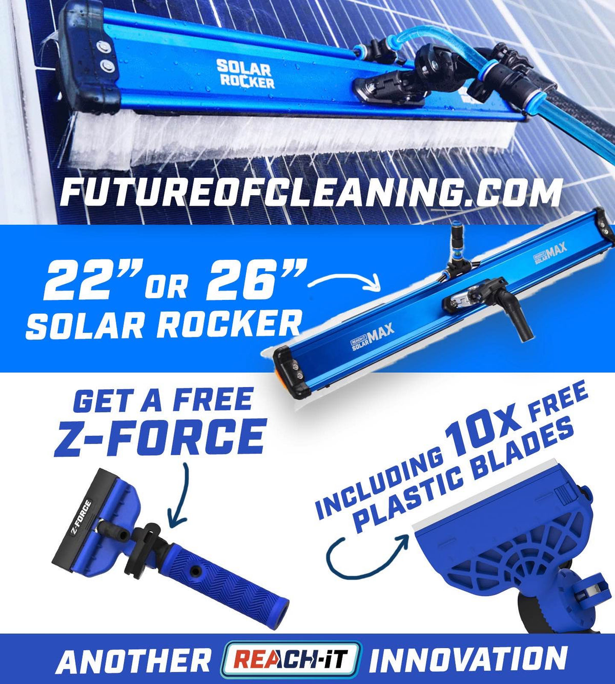 REACH-iT Solar Rocker & Z-FORCE; professional solar panel cleaning brush with integrated water fed blade for rapid rinsing