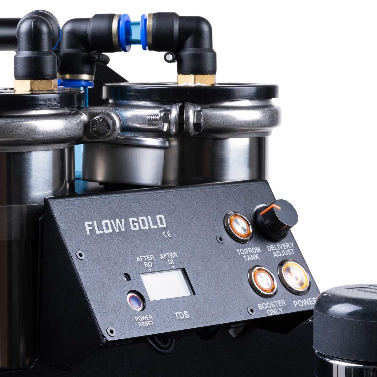 FLOW GOLD control panel: TDS after RO and after DI, tank switch, booster only, delivery adjust
