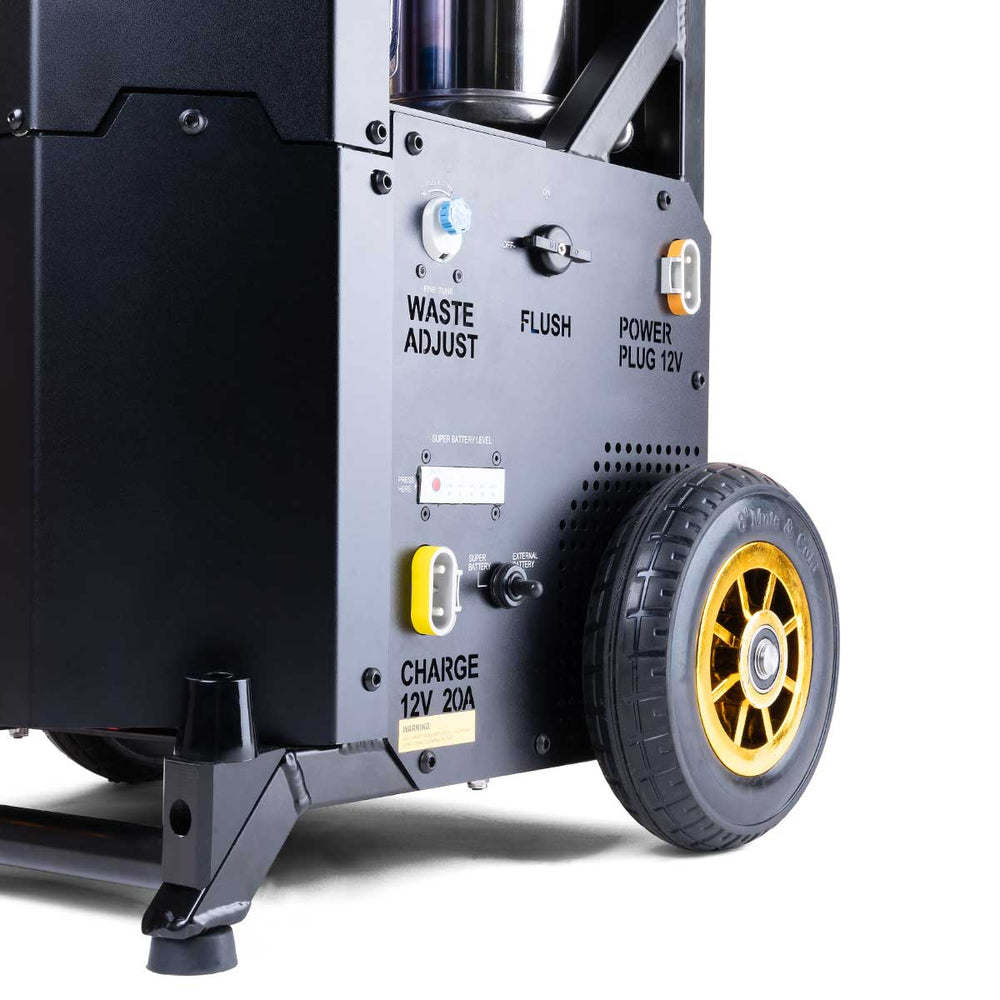 FLOW GOLD side panel: waste adjust, flush, 12V power plug and 12V 20A charge port