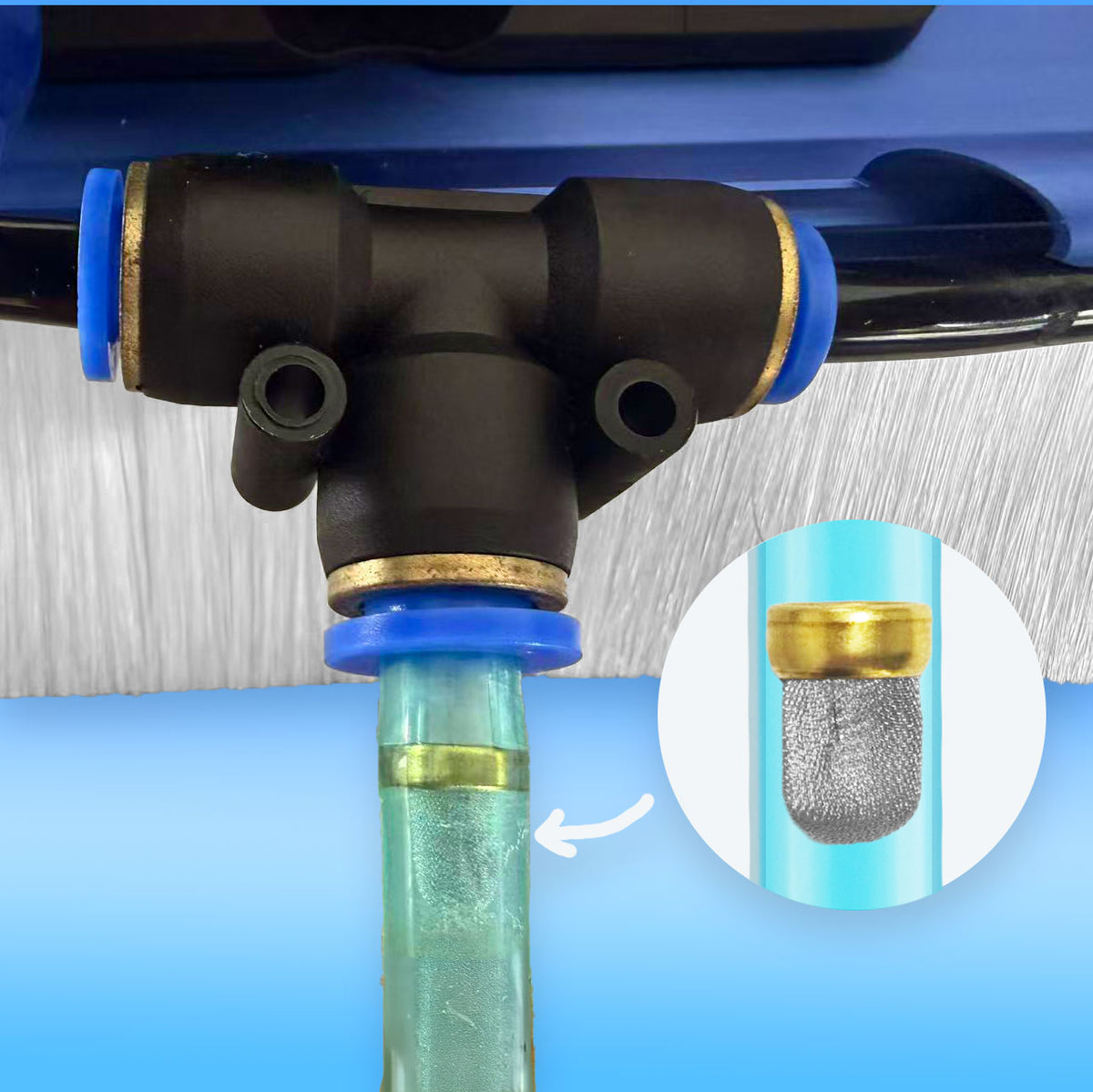 Inline pre-jet filter inside the tube, below the rinse bar T-fitting