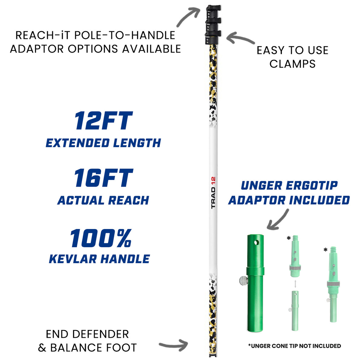 REACH-iT TRAD 12ft pole for traditional or water-fed window cleaning; fits squeegees, mops, and water-fed brushes